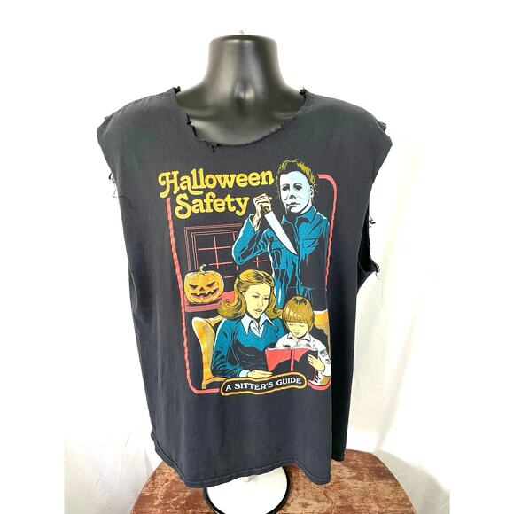 Halloween Safety Michael Myers Sleeveless Distressed T-Shirt - Picture 1 of 6